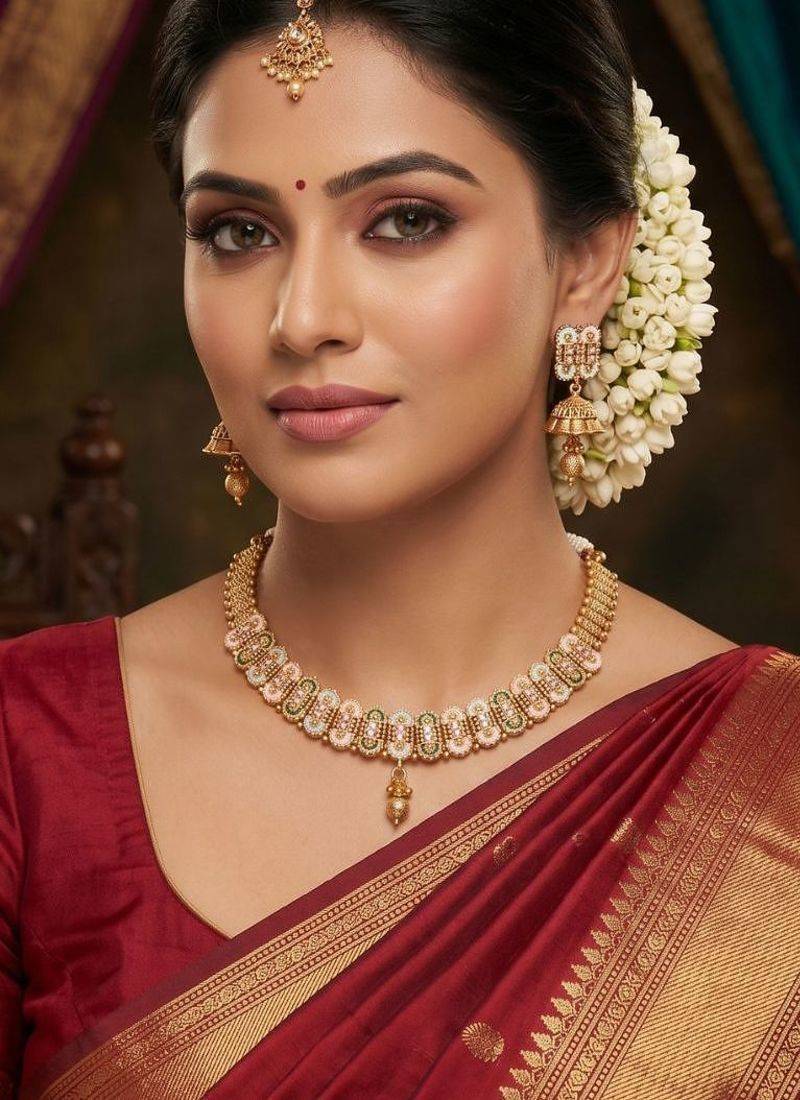   Gold plated traditional temple choker necklace jewellery with earrings set for wo ::Girls
