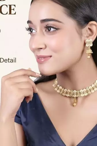   Gold plated traditional temple choker necklace jewellery with earrings set for wo ::Girls