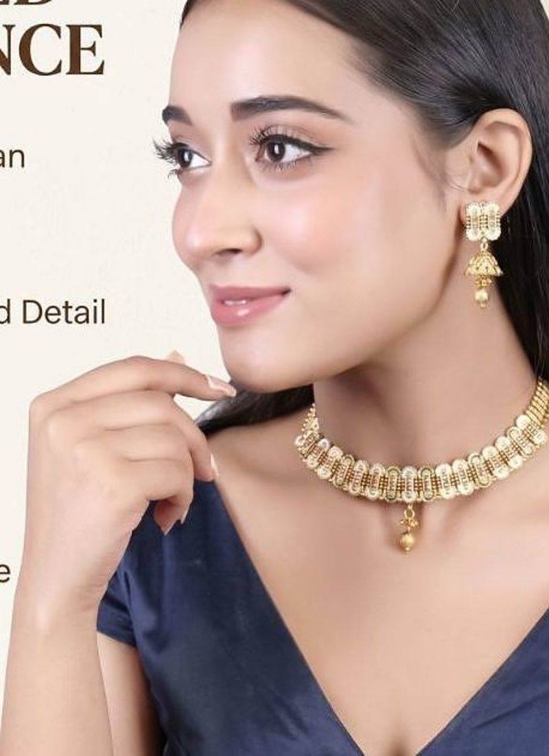   Gold plated traditional temple choker necklace jewellery with earrings set for wo ::Girls