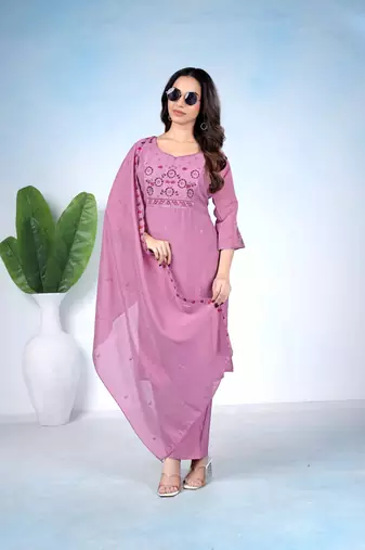 Pink embroidered mulmul kurta pant set with dupatta