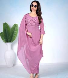 Pink embroidered mulmul kurta pant set with dupatta