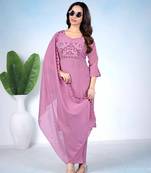 Pink embroidered mulmul kurta pant set with dupatta