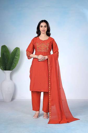 Rust orange embroidered mulmul kurta pant set with dupatta