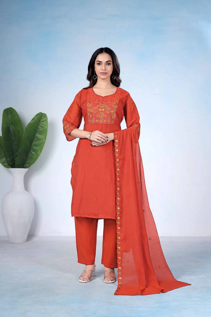 Rust orange embroidered mulmul kurta pant set with dupatta