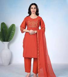 Rust orange embroidered mulmul kurta pant set with dupatta