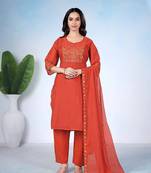 Rust orange embroidered mulmul kurta pant set with dupatta