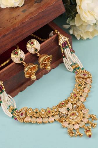   Gold plated traditional temple choker necklace jewellery with earrings set for wo ::Girls