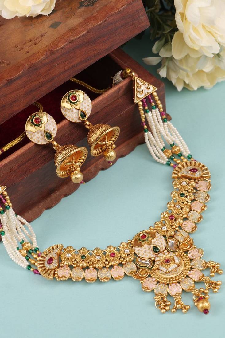   Gold plated traditional temple choker necklace jewellery with earrings set for wo ::Girls
