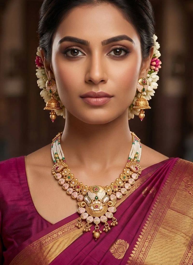   Gold plated traditional temple choker necklace jewellery with earrings set for wo ::Girls