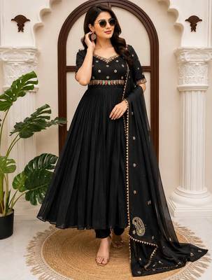 Black vichitra silk anarkali suit set with sequins work & dupatta 1