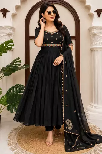 Black vichitra silk anarkali suit set with sequins work & dupatta
