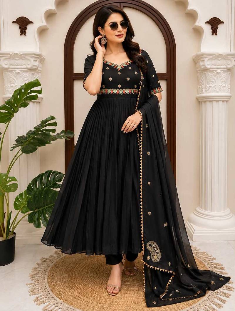 Black vichitra silk anarkali suit set with sequins work & dupatta