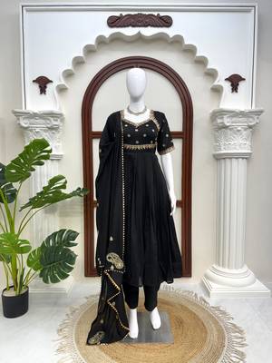 Black vichitra silk anarkali suit set with sequins work & dupatta 2