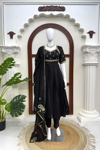 Black vichitra silk anarkali suit set with sequins work & dupatta