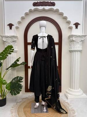 Black vichitra silk anarkali suit set with sequins work & dupatta 3