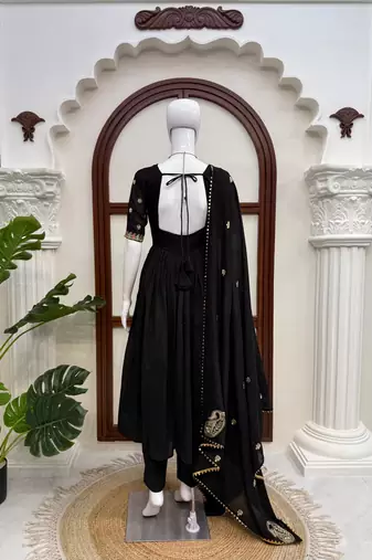 Black vichitra silk anarkali suit set with sequins work & dupatta
