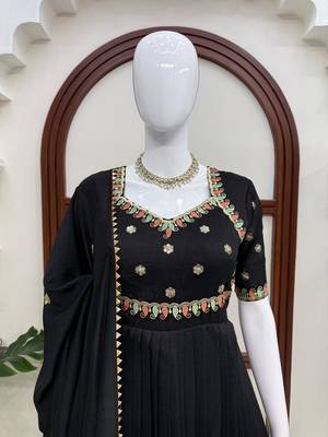 Black vichitra silk anarkali suit set with sequins work & dupatta 4