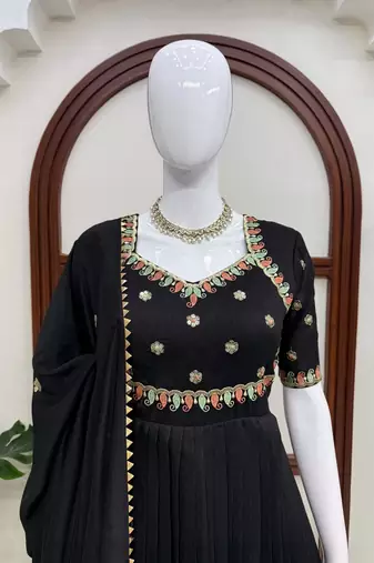 Black vichitra silk anarkali suit set with sequins work & dupatta