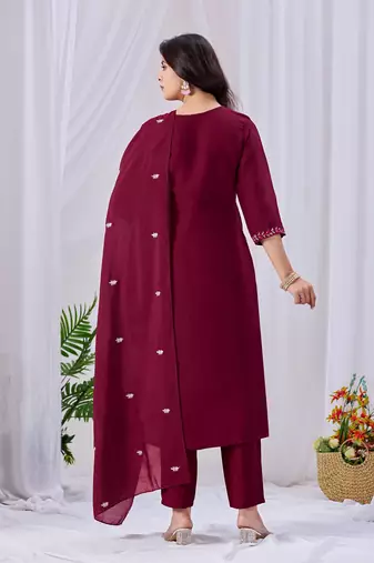 Maroon embroidered mul cotton kurta pant dupatta set | handwork & floral embroidery