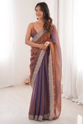Copper colour fendy satin embroidered lace border saree