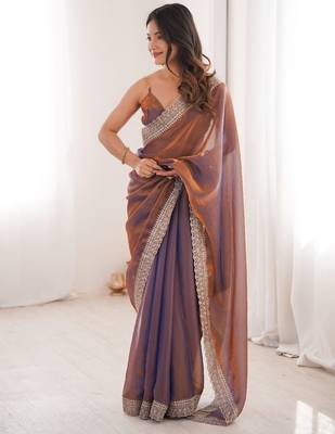 Copper colour fendy satin embroidered lace border saree 2