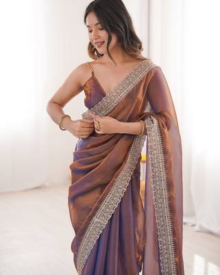 Copper colour fendy satin embroidered lace border saree 3