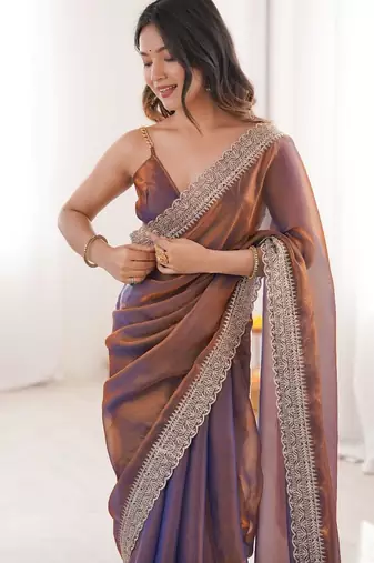 Copper colour fendy satin embroidered lace border saree