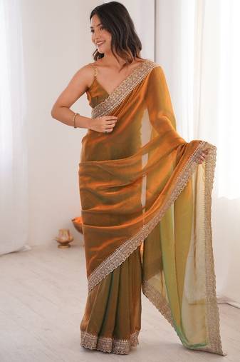 Gold colour fendy satin embroidered lace border saree
