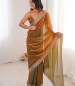 Gold colour fendy satin embroidered lace border saree