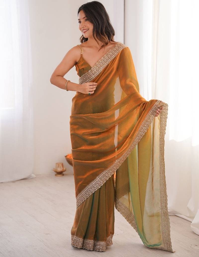 Gold colour fendy satin embroidered lace border saree