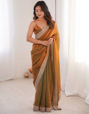 Gold colour fendy satin embroidered lace border saree 2