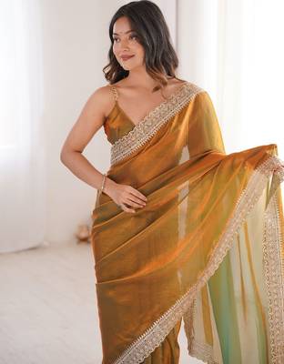 Gold colour fendy satin embroidered lace border saree 3