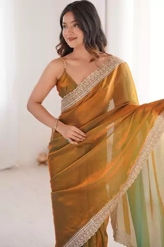Gold colour fendy satin embroidered lace border saree