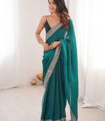 Teal colour fendy satin embroidered lace border saree