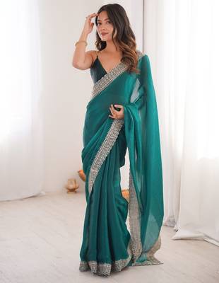 Teal colour fendy satin embroidered lace border saree 2