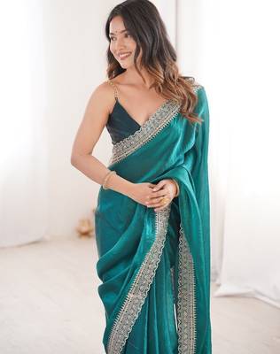 Teal colour fendy satin embroidered lace border saree 3