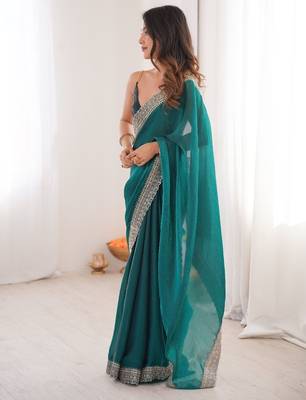 Teal colour fendy satin embroidered lace border saree 4