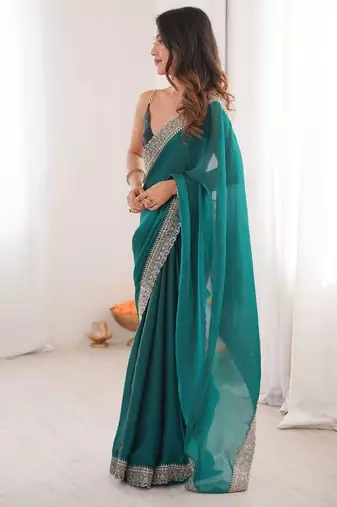 Teal colour fendy satin embroidered lace border saree