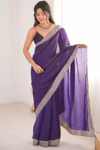 Purple colour fendy satin embroidered lace border saree