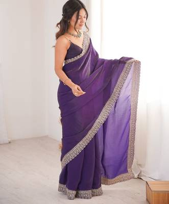 Purple colour fendy satin embroidered lace border saree 2