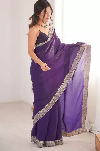 Purple colour fendy satin embroidered lace border saree