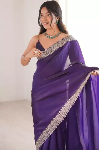 Purple colour fendy satin embroidered lace border saree
