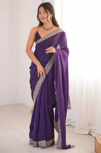 Purple colour fendy satin embroidered lace border saree