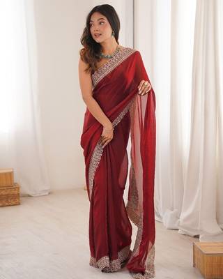 Red colour fendy satin embroidered lace border saree 1
