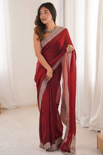 Red colour fendy satin embroidered lace border saree