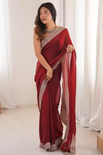 Red colour fendy satin embroidered lace border saree