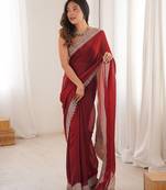 Red colour fendy satin embroidered lace border saree