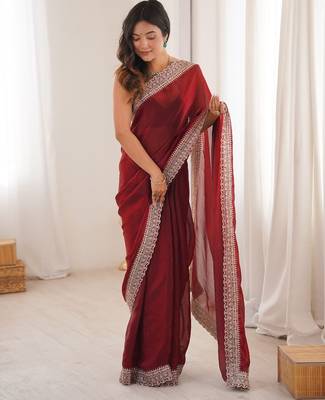 Red colour fendy satin embroidered lace border saree 2