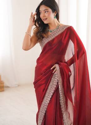 Red colour fendy satin embroidered lace border saree 3