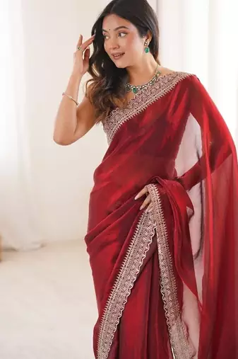 Red colour fendy satin embroidered lace border saree